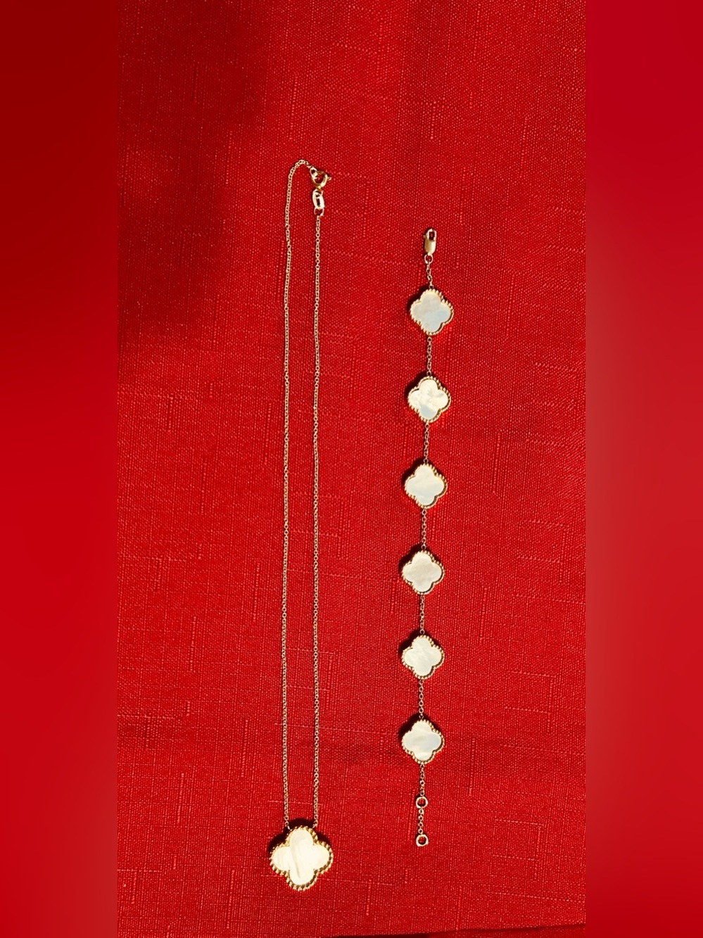 New! 14K Gold Mother-of-Pearl Clover Necklace & Bracelet Set